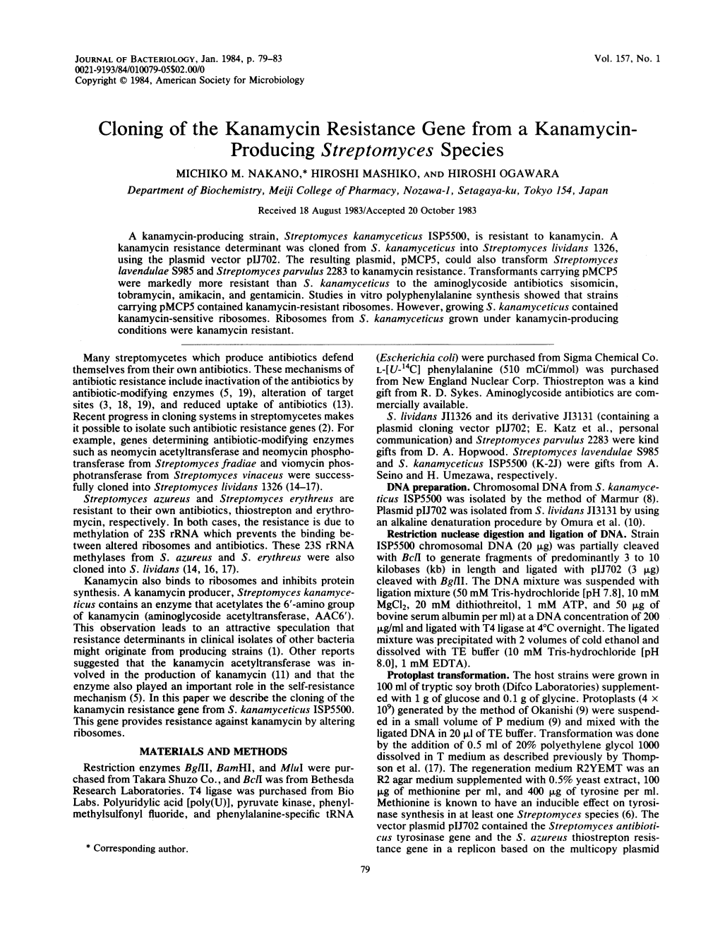 Cloning of the Kanamycin Resistance Gene from a Kanamycin- Producing Streptomyces Species MICHIKO M