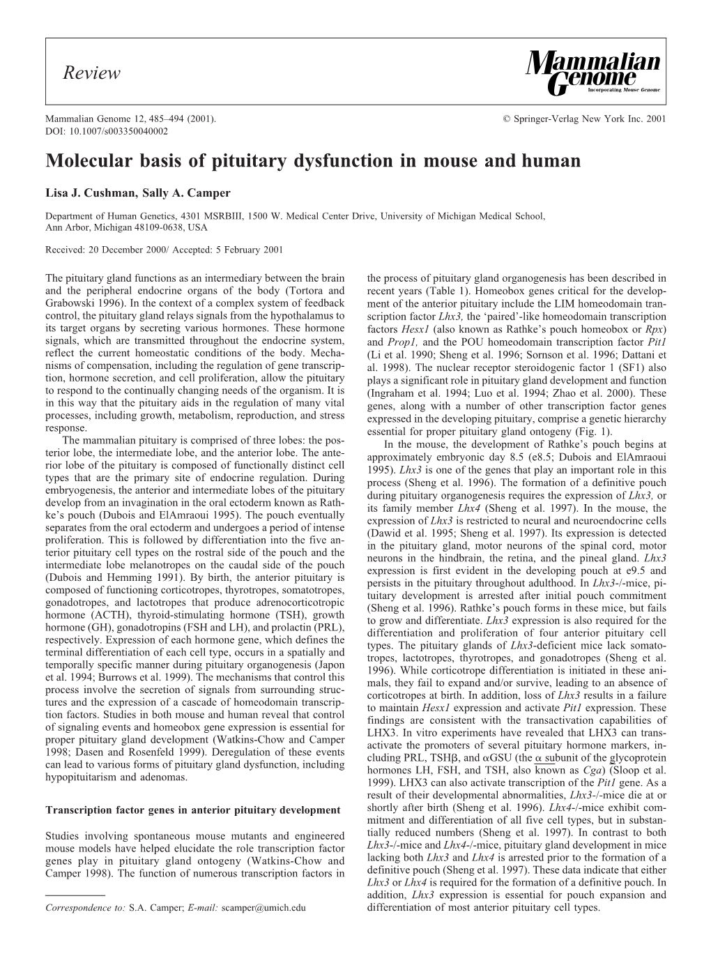 Molecular Basis of Pituitary Dysfunction in Mouse and Human