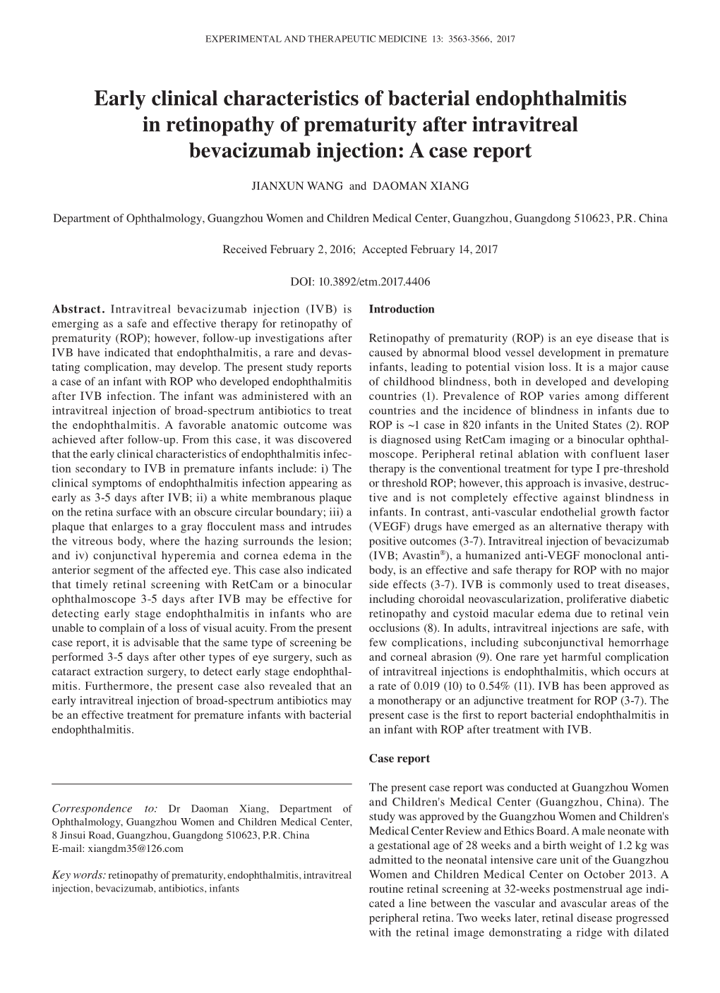 Early Clinical Characteristics of Bacterial Endophthalmitis in Retinopathy of Prematurity After Intravitreal Bevacizumab Injection: a Case Report