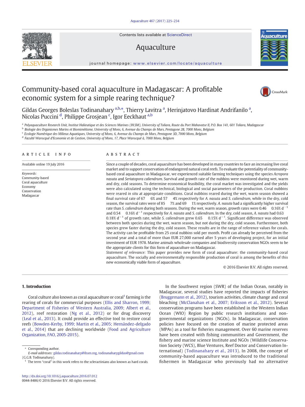 Community-Based Coral Aquaculture in Madagascar: a Profitable