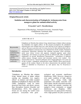 Isolation and Characterization of Endophytic Actinomycetes from Mangrove Plant for Antimicrobial Activity