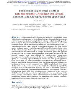 Environmental Genomics Points to Non-Diazotrophic Trichodesmium Species Abundant and Widespread in the Open Ocean