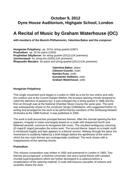 Recital of Music by Graham Waterhouse (OC) with Members of the Munich Philharmonic, Valentina Babor and the Composer