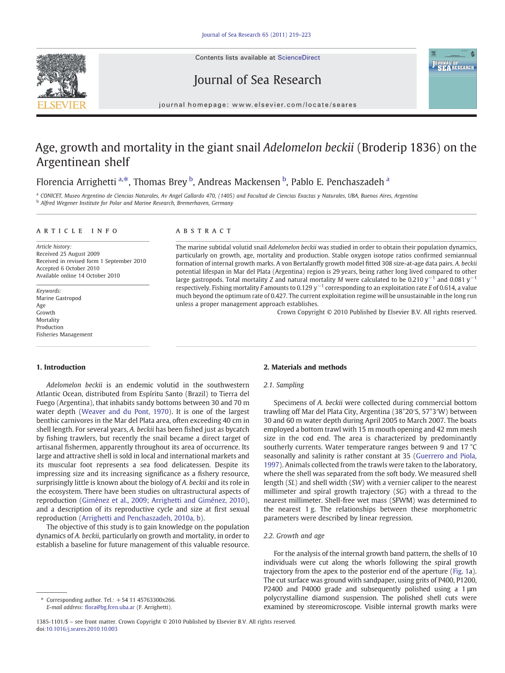 Age, Growth and Mortality in the Giant Snail Adelomelon Beckii (Broderip 1836) on the Argentinean Shelf