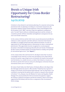 Brexit: a Unique Irish Opportunity for Cross-Border Restructuring? 14.02.2019