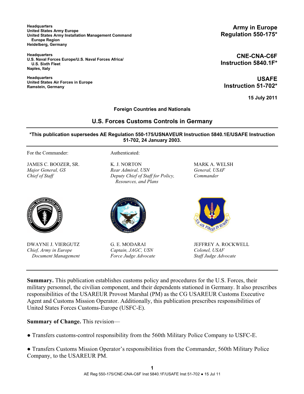 Army in Europe Regulation 550-175, 15 July 2011