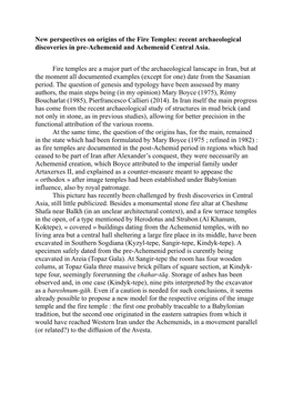 New Perspectives on Origins of the Fire Temples: Recent Archaeological Discoveries in Pre-Achemenid and Achemenid Central Asia