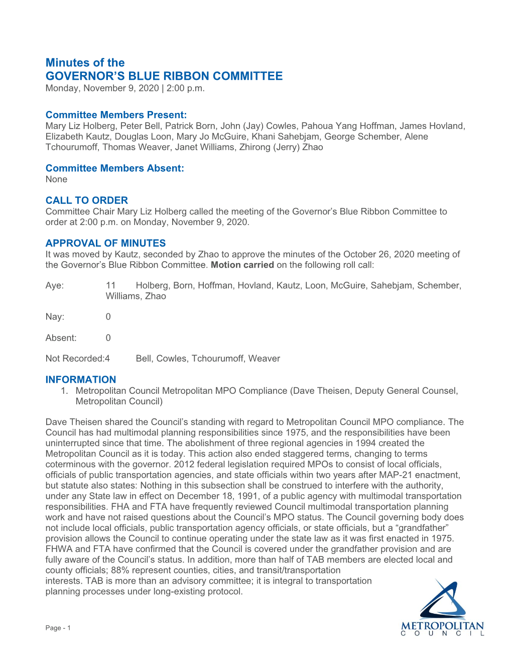 Minutes of the GOVERNOR’S BLUE RIBBON COMMITTEE Monday, November 9, 2020 | 2:00 P.M