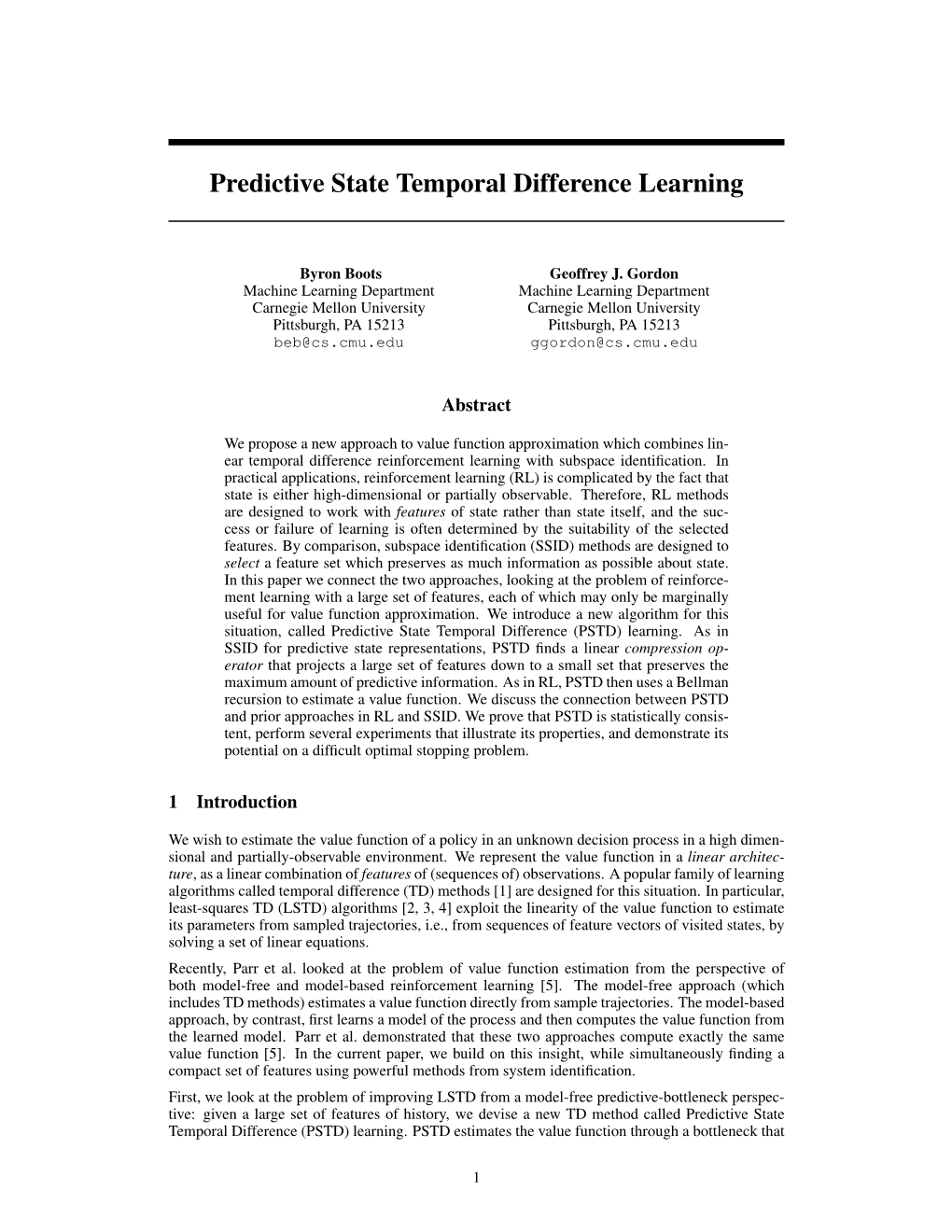 Predictive State Temporal Difference Learning