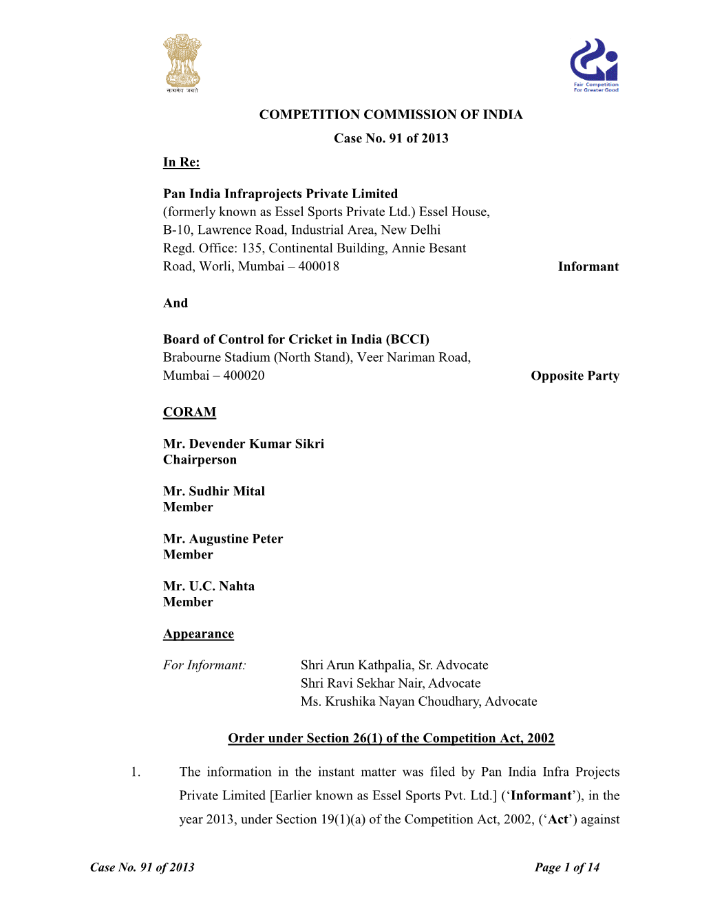 COMPETITION COMMISSION of INDIA Case No. 91 of 2013 in Re: Pan India Infraprojects Private Limited (Formerly Known As Essel Spor