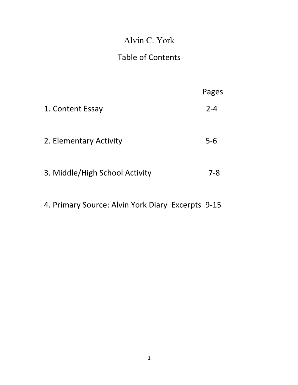 Alvin C. York Table of Contents