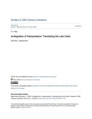 Ambiguities of Interpretation: Translating the Late Celan