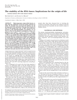 The Stability of the RNA Bases: Implications for the Origin of Life (Nucleobase Hydrolysis͞rna World͞chemical Evolution)