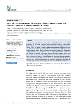 Integrative Taxonomy Reveals the Occurrence of the Asian Freshwater Snail Sinotaia Cf. Quadrata in Inland Waters of SW Europe