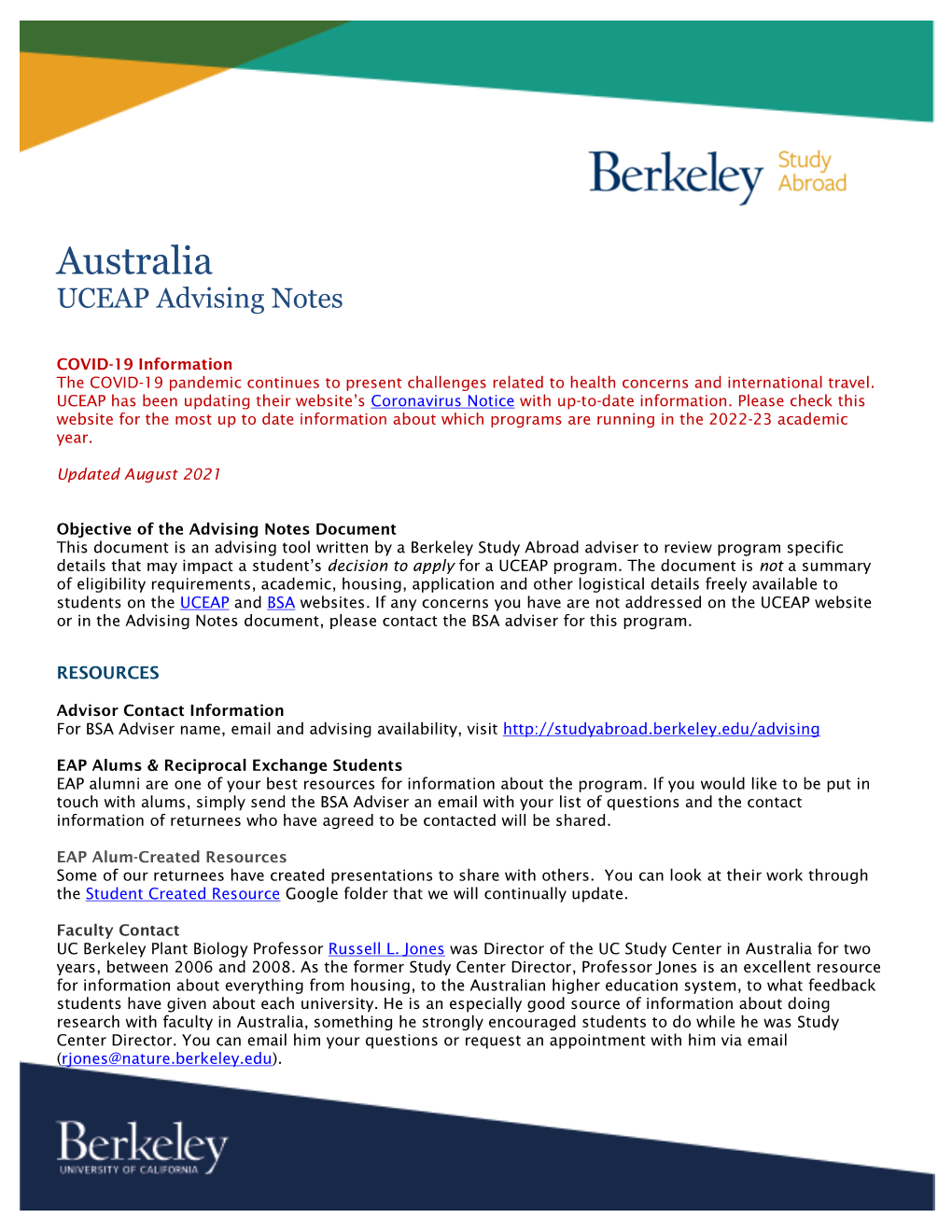 Australia UCEAP Advising Notes