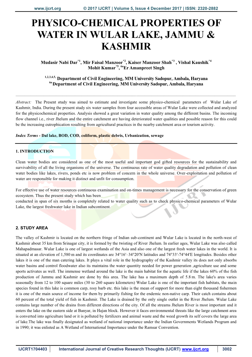 Physico-Chemical Properties of Water in Wular Lake, Jammu & Kashmir