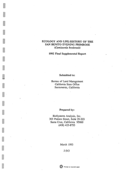 (Camissonia Benüensis) 1992 Final Supplemental Report Submitted To