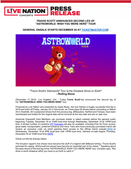 Travis Scott Announces Second Leg of "Astroworld: Wish You Were Here" Tour