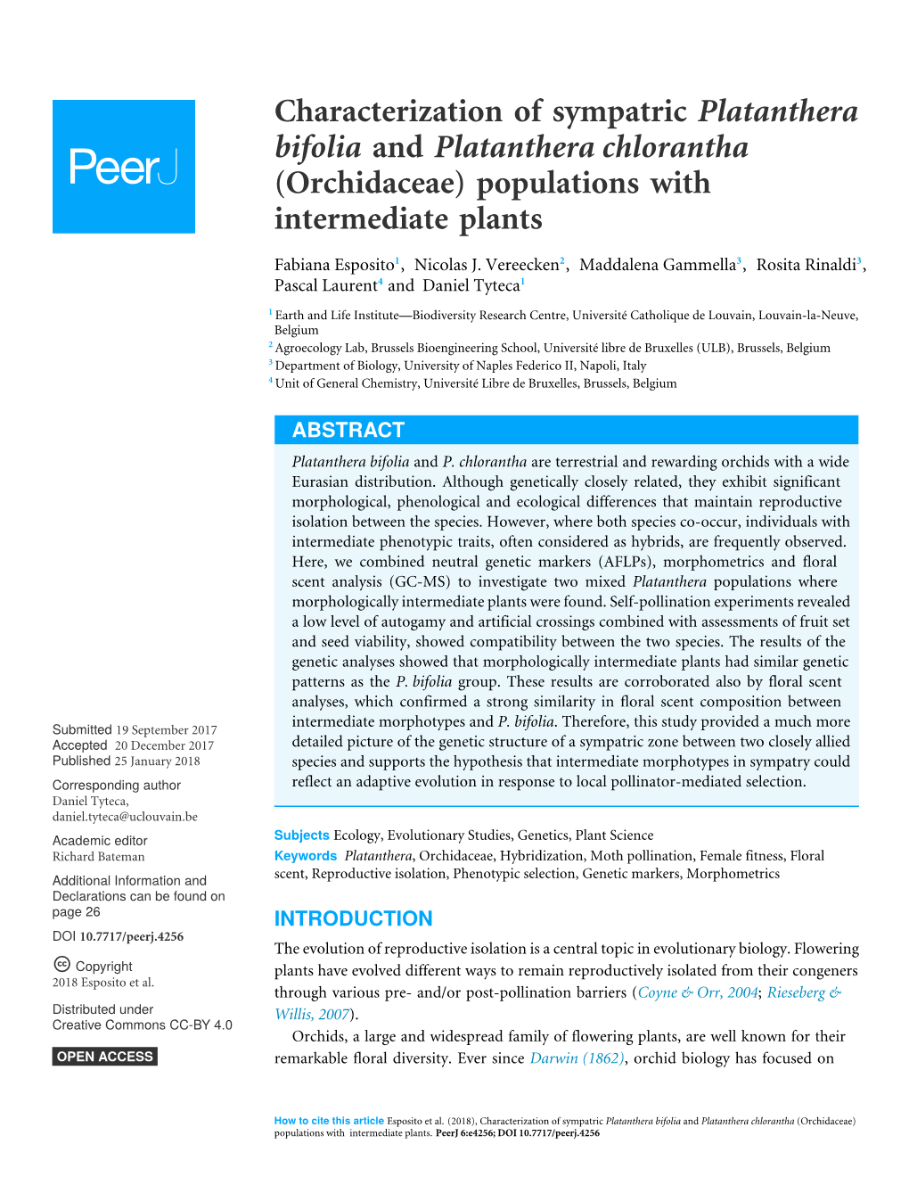 Characterization of Sympatric Platanthera Bifolia and Platanthera Chlorantha (Orchidaceae) Populations with Intermediate Plants