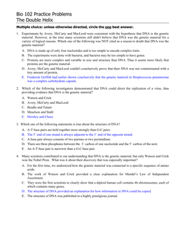 Bio 102 Practice Problems the Double Helix