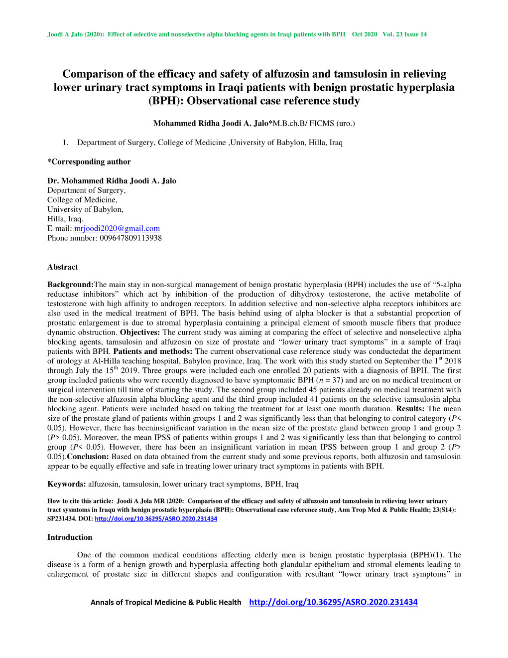 Comparison of the Efficacy and Safety of Alfuzosin and Tamsulosin In