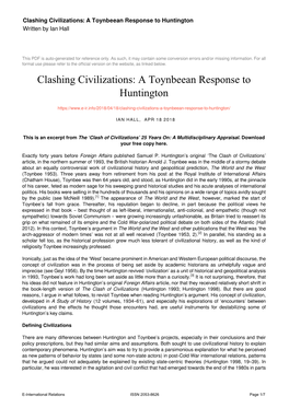 Clashing Civilizations: a Toynbeean Response to Huntington Written by Ian Hall