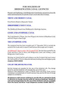 For Holders of Bridgewater Canal Licences