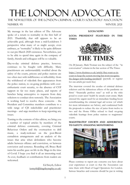 THE LONDON ADVOCATE the Newsletter of the London Criminal Courts Solicitors’ Association Number 95 WINTER 2021