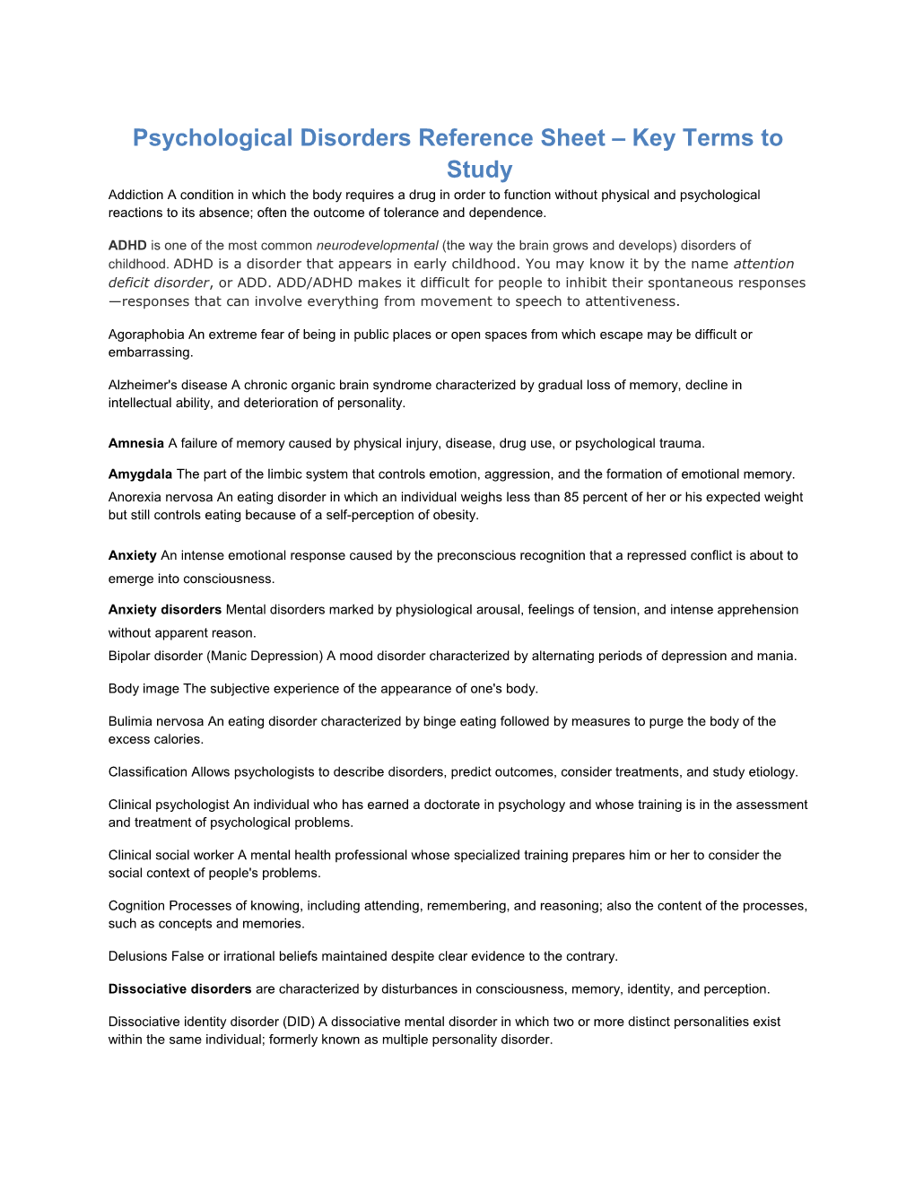 Psychological Disorders Reference Sheet Key Terms to Study