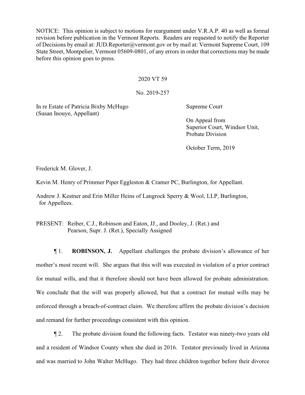 In Re Estate of Patricia Bixby Mchugo Supreme Court (Susan Inouye, Appellant) on Appeal from Superior Court, Windsor Unit, Probate Division