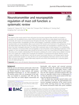 Neurotransmitter and Neuropeptide Regulation of Mast Cell Function