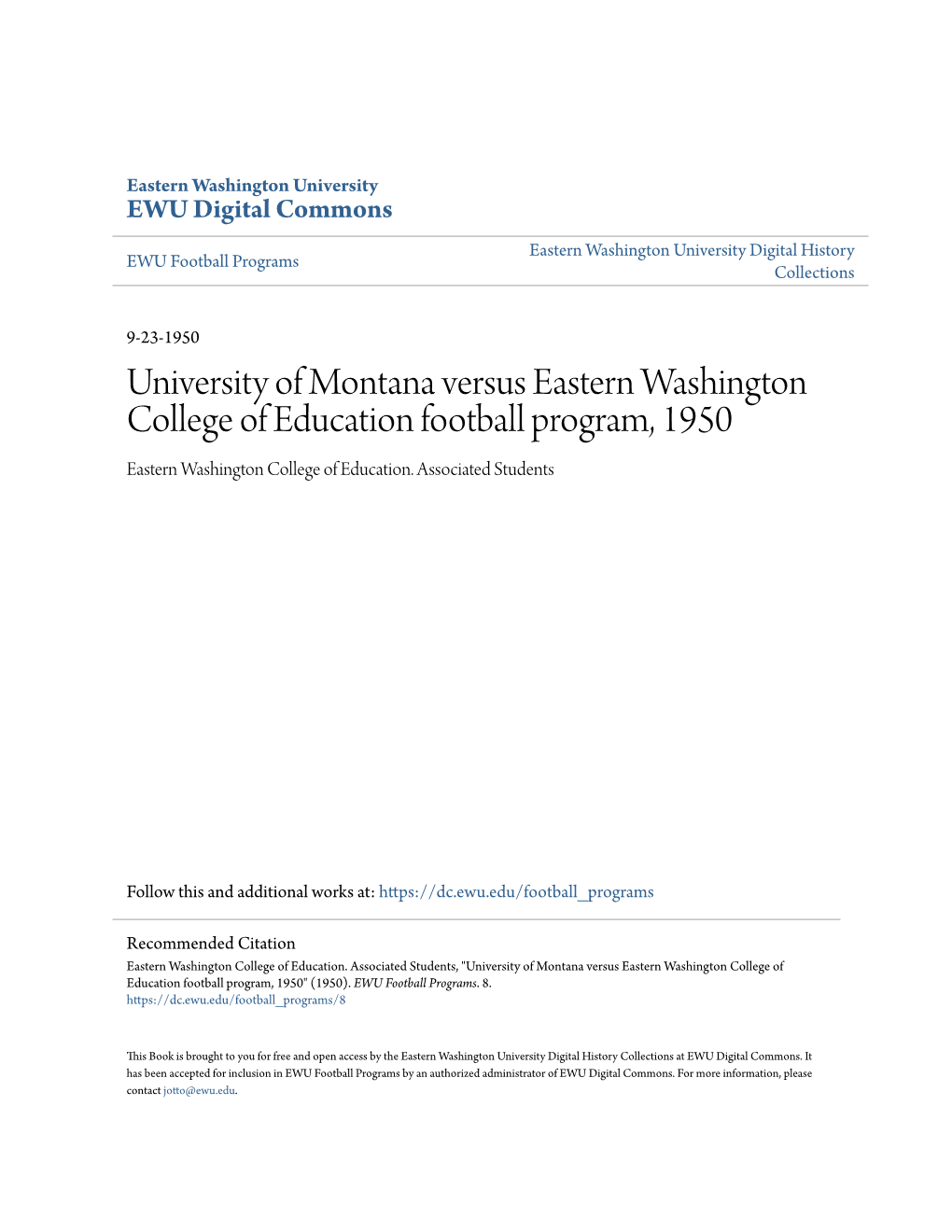 University of Montana Versus Eastern Washington College of Education Football Program, 1950 Eastern Washington College of Education