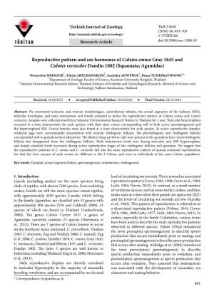 Reproductive Pattern and Sex Hormones of Calotes Emma Gray 1845 and Calotes Versicolor Daudin 1802 (Squamata; Agamidae)