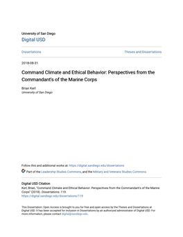 Command Climate and Ethical Behavior: Perspectives from the Commandant's of the Marine Corps