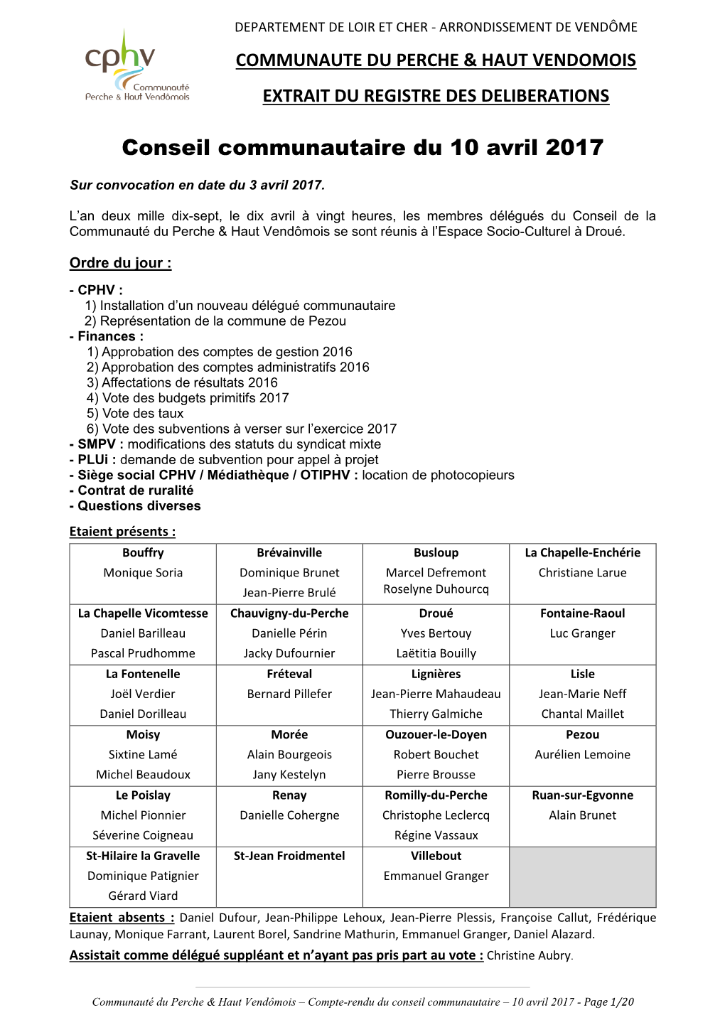 Conseil Communautaire Du 10 Avril 2017