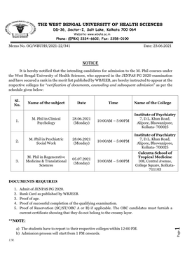 Notice Regarding Intending Candidates for Admission to the M. Phil Courses Under The
