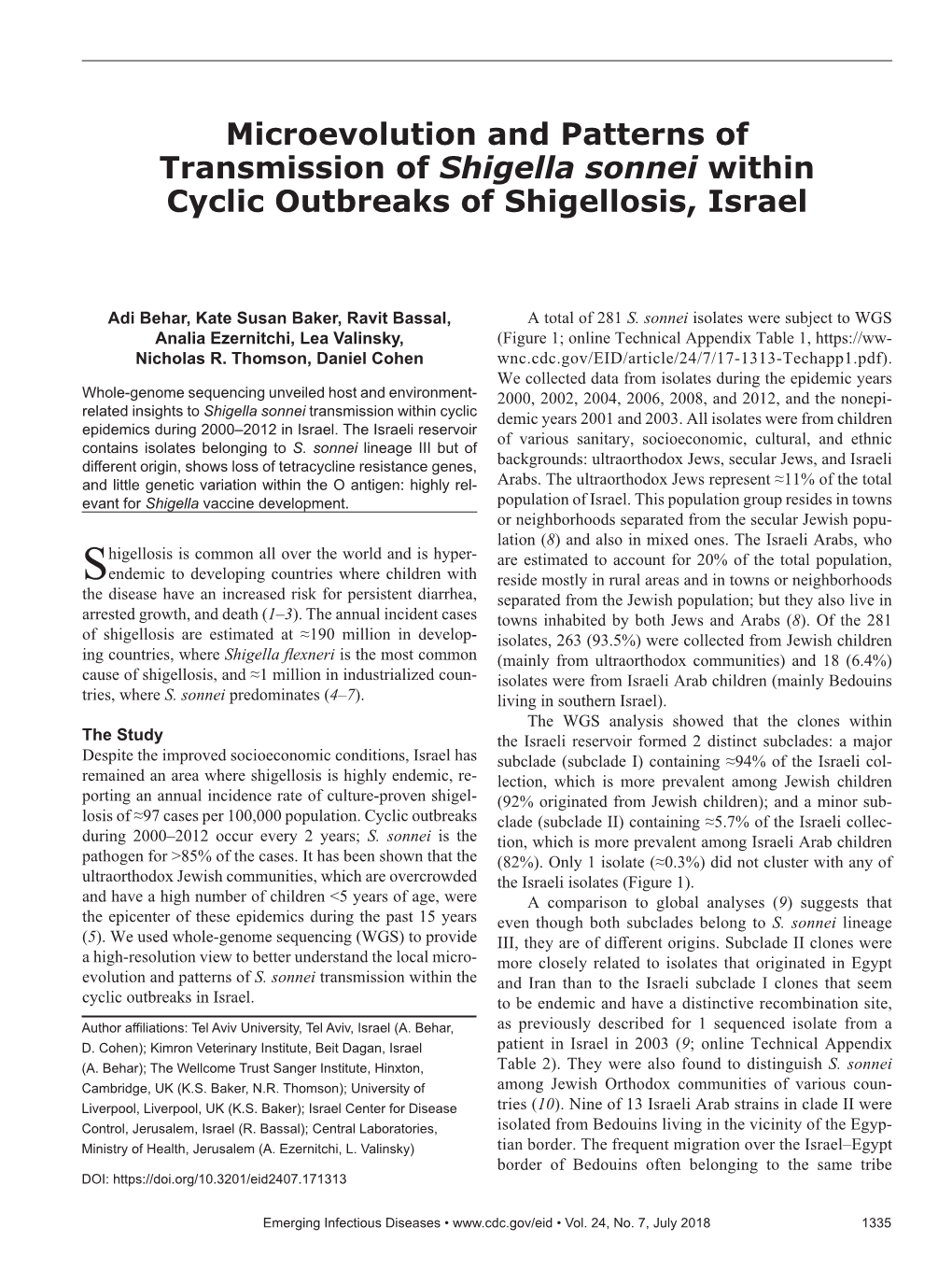 Microevolution and Patterns of Transmission of Shigella Sonnei Within Cyclic Outbreaks of Shigellosis, Israel