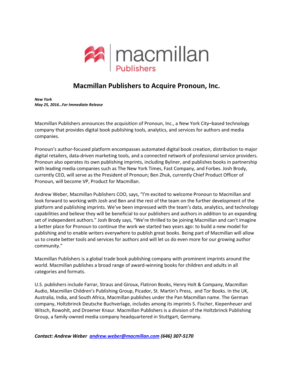 Macmillan Publishers to Acquire Pronoun, Inc