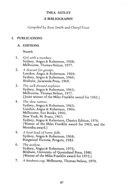 THEA ASTLEY a BIBLIOGRAPHY Compiled by Ross Smith And
