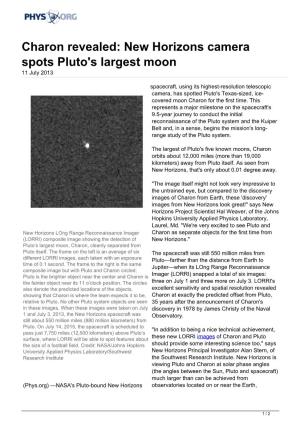 Charon Revealed: New Horizons Camera Spots Pluto's Largest Moon 11 July 2013