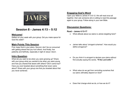 Session 8 - James 4:13 – 5:12 Read – James 4:13-17 Welcome! • What Attitude About Our Plans Is James Targeting Here?
