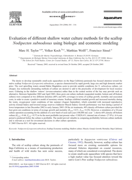 Evaluation of Different Shallow Water Culture Methods for the Scallop Nodipecten Subnodosus Using Biologic and Economic Modeling ⁎ Marc H