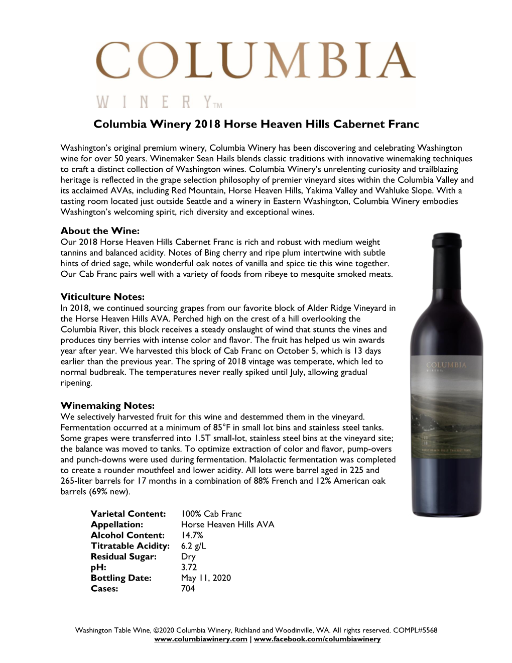 Columbia Winery 2018 Horse Heaven Hills Cabernet Franc