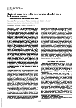 Hydrogenase Enzyme (Nikel-Ontanig Enme/Nicke Metabolism/Nitrogen Fixation) CHANGLIN Fu, SAM JAVEDAN, FARHAD MOSHIRI, and ROBERT J