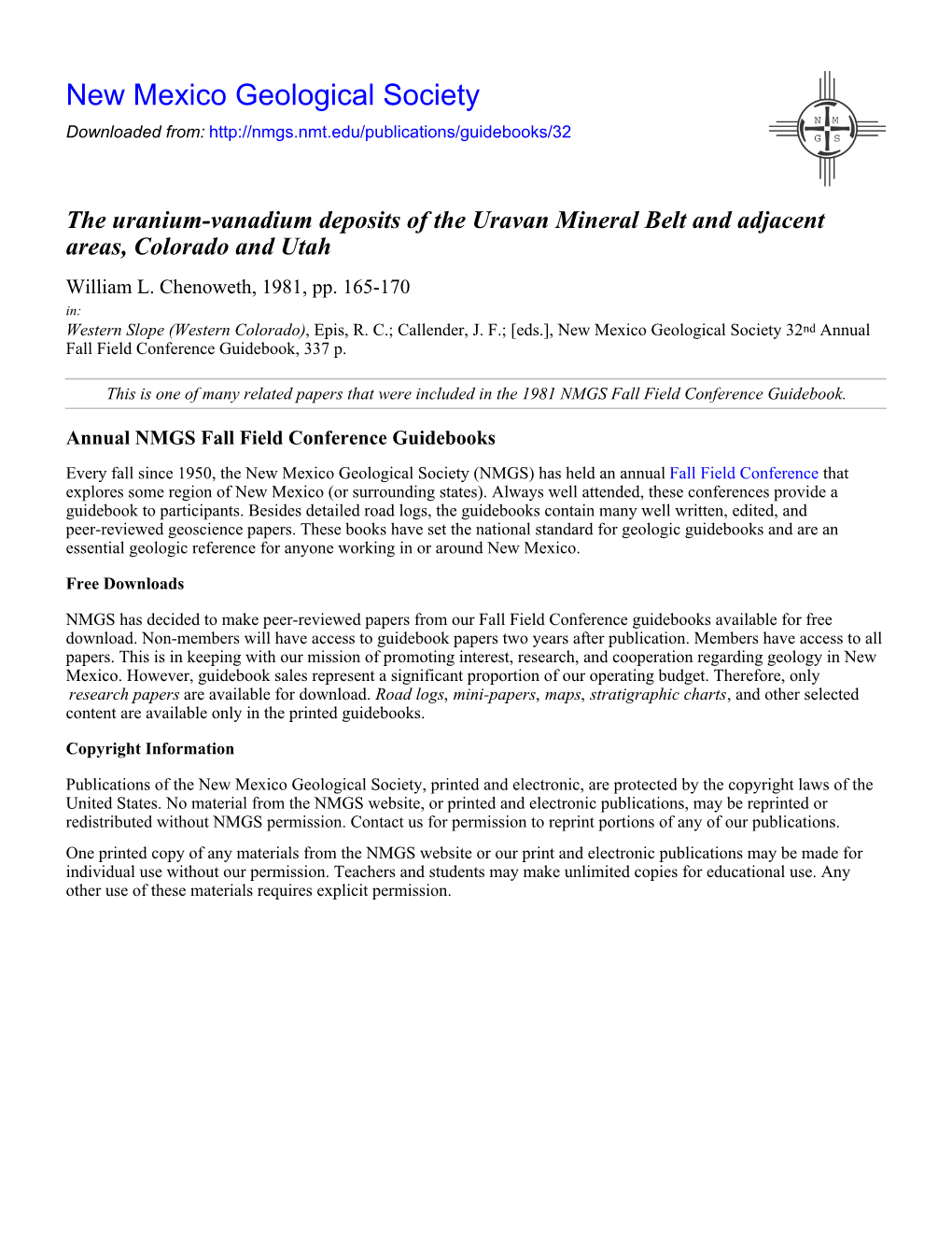 The Uranium-Vanadium Deposits of the Uravan Mineral Belt and Adjacent Areas, Colorado and Utah William L