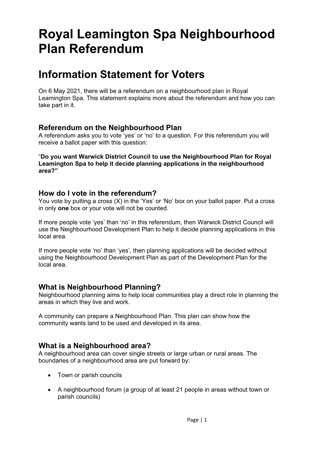 Royal Leamington Spa Neighbourhood Plan Referendum