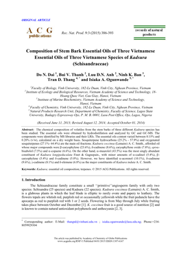Composition of Stem Bark Essential Oils of Three Vietnamese Essential Oils of Three Vietnamese Species of Kadsura (Schisandraceae)