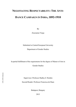 Negotiating Respectability: the Anti- Dance Campaign in India, 1892-1910