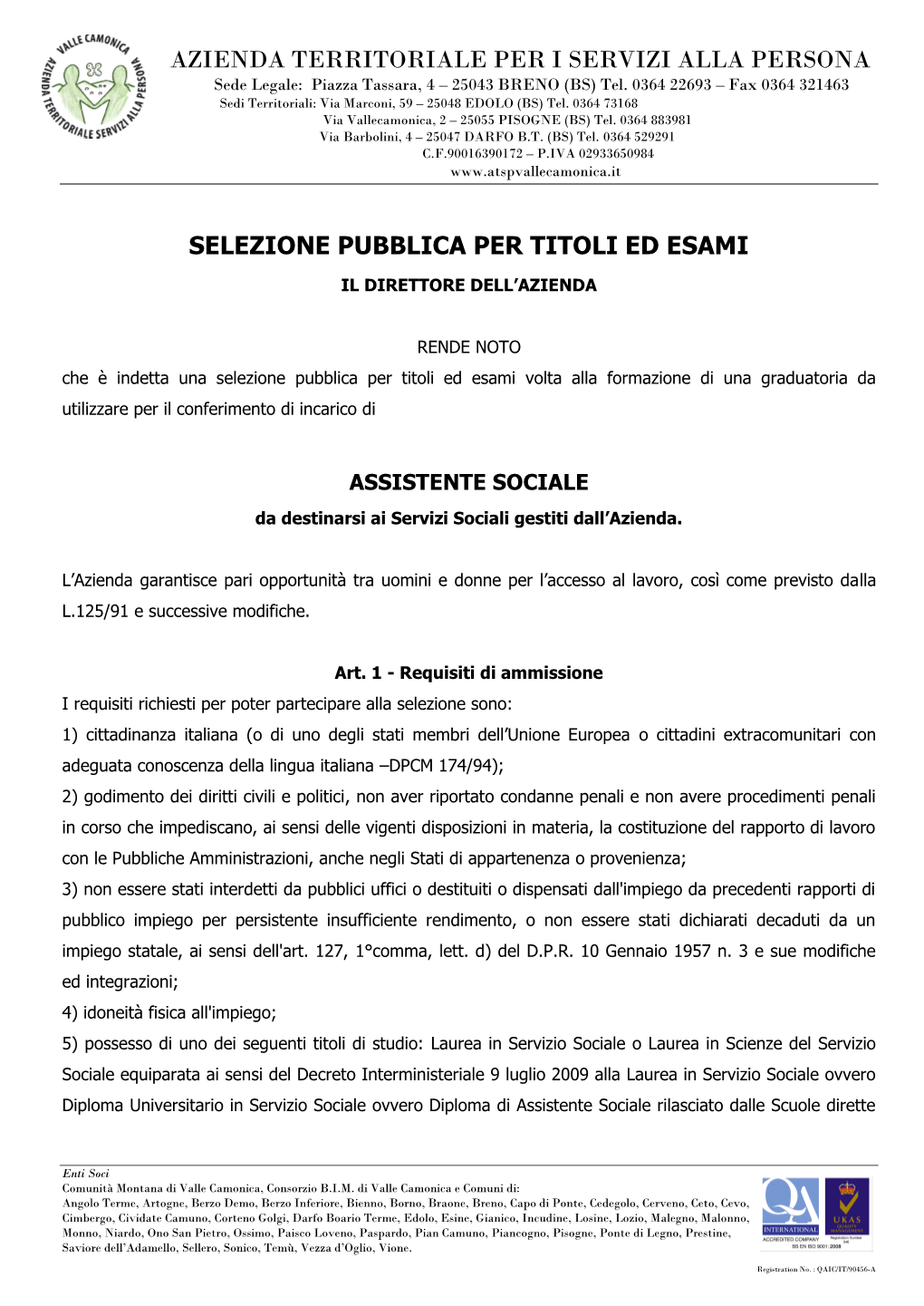 Azienda Territoriale Per I Servizi Alla Persona Selezione Pubblica Per Titoli Ed Esami