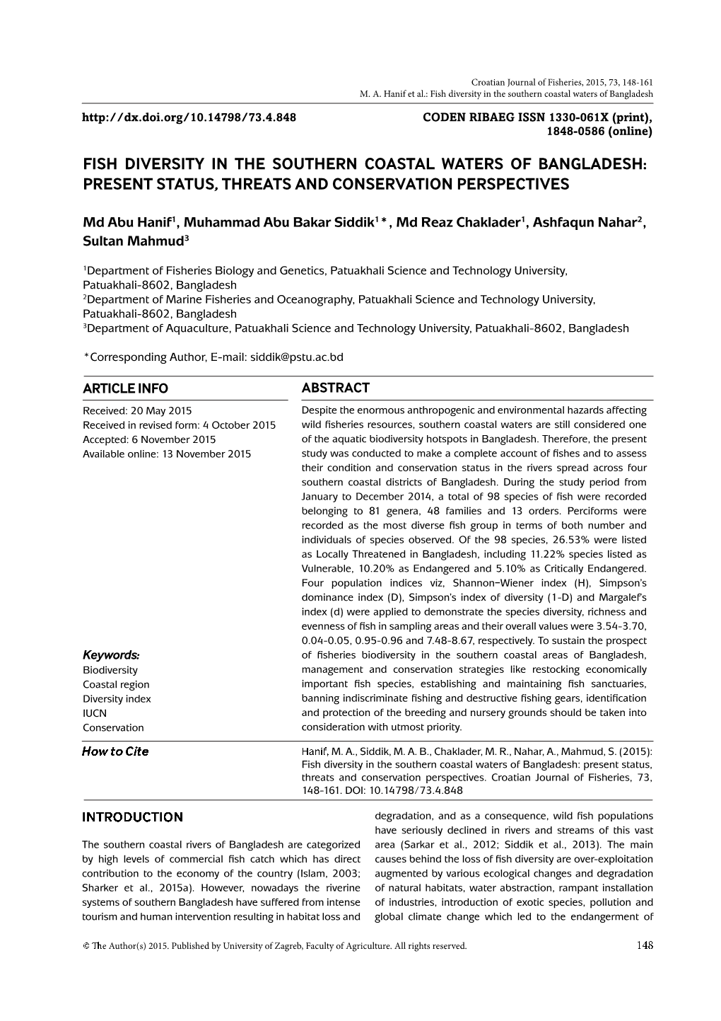 Fish Diversity in the Southern Coastal Waters of Bangladesh